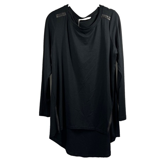 Elaine Kim Tops - Elaine Kim Leather Trim Tunic Top‎ Sz L Gothic Black Tunic Long Sleeve Hi/Lo Hem